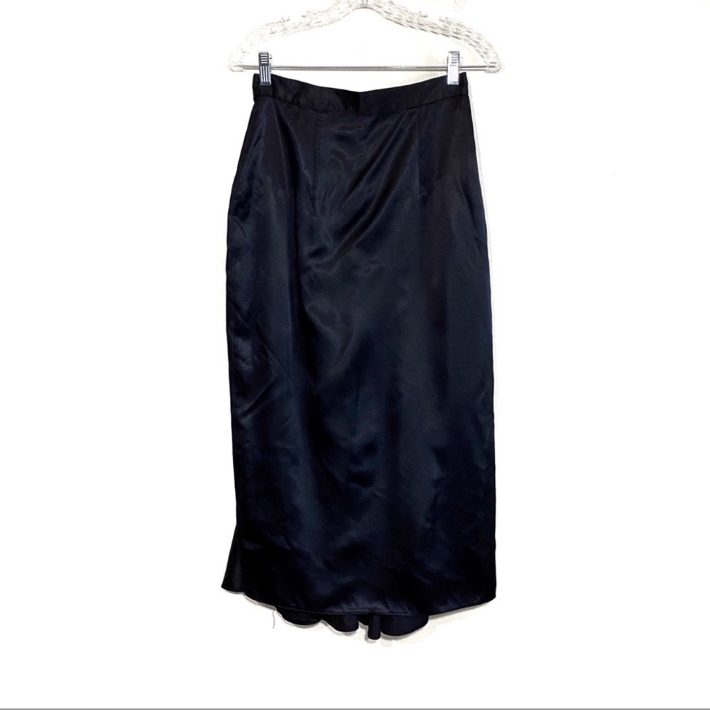 Vtg Gunne Sax Satin Black Maxi Skirt Trail Back